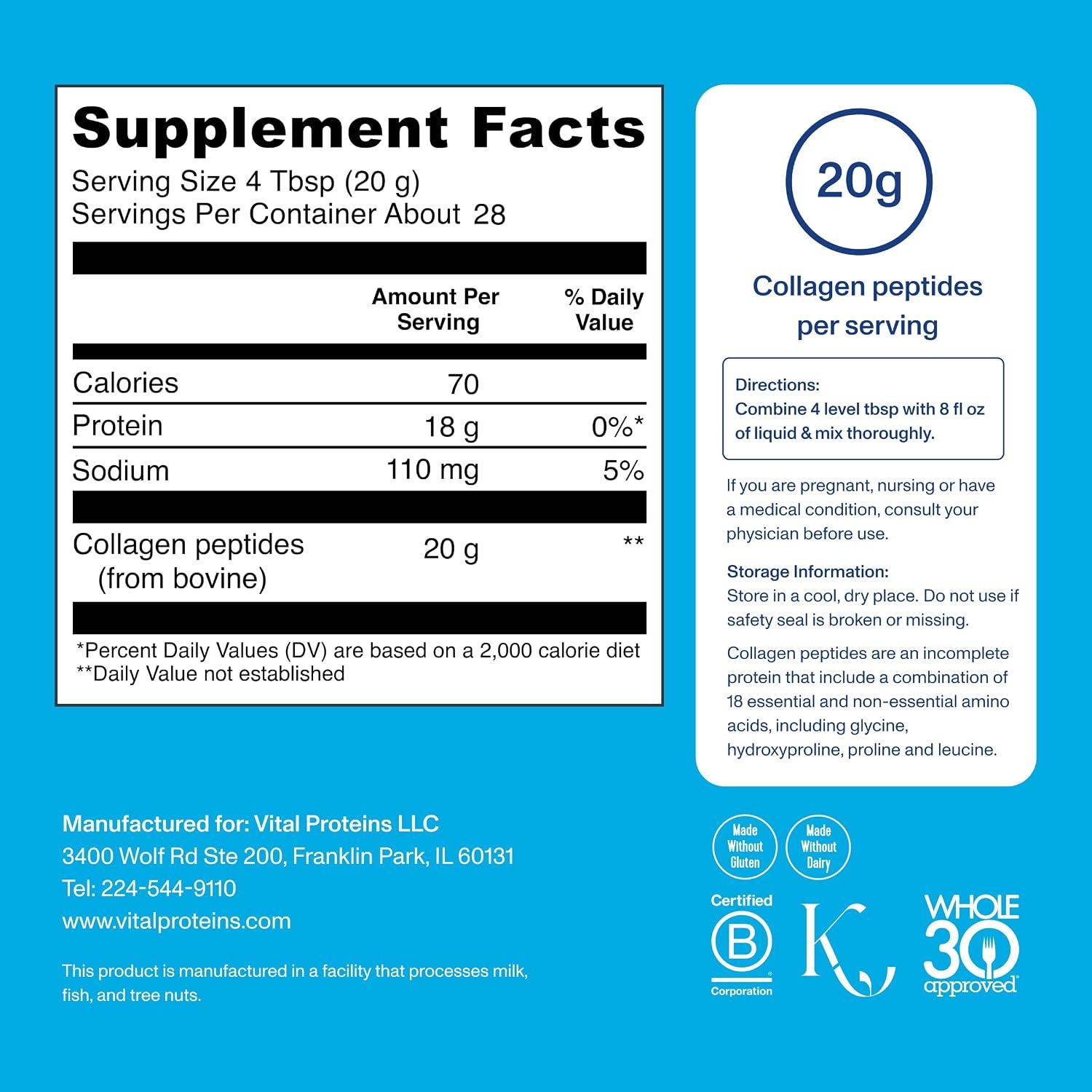 image:imageVital Proteins Grass Fed Collagen Peptides Powder Supports Hair Skin Nails Bones and Joints Health Hydrolyzed Peptides Zero Sugar Unflavored 20oz